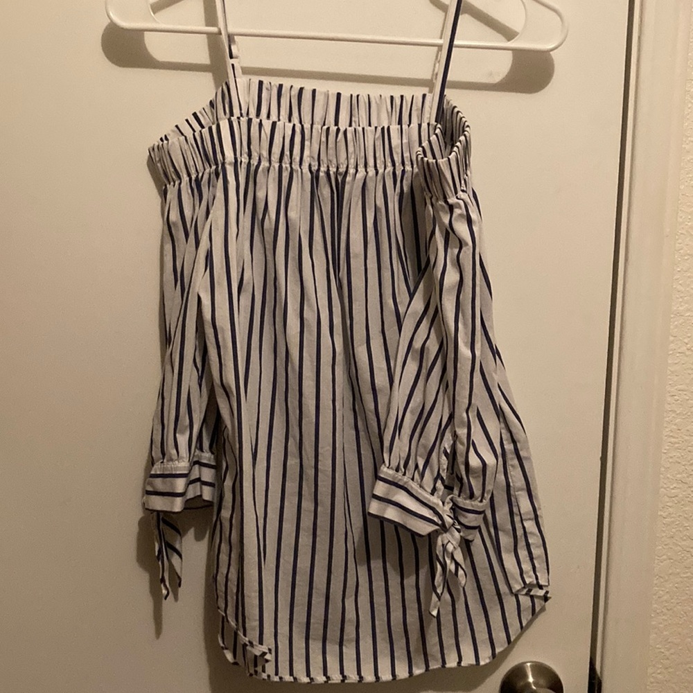 Blue and white off shoulder blouse